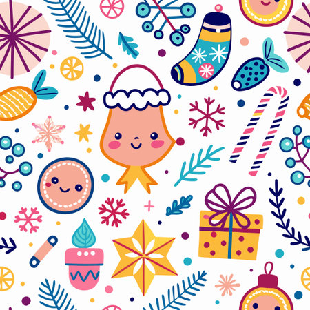 Festive Christmas seamless pattern with cute characters and winter elements.の素材