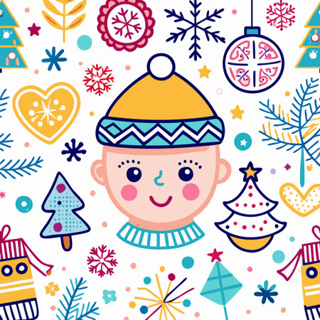 Cute baby&#39;s face amidst festive Christmas elements.の素材