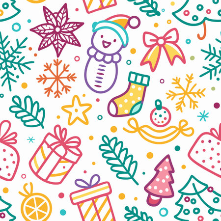 Colorful Christmas seamless pattern with presents, snowman, and snowflakes.の素材
