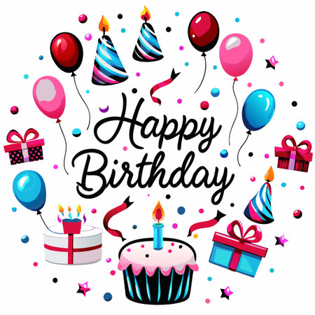 Festive Happy Birthday celebration with cake, balloons, and gifts.の素材