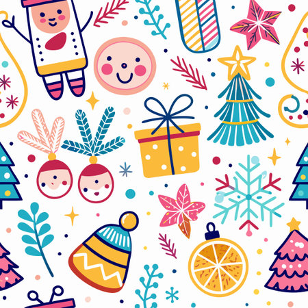 Festive Christmas seamless pattern with cute characters and holiday elements.の素材