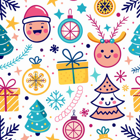 Cheerful Christmas seamless pattern with cute characters and festive elements.の素材