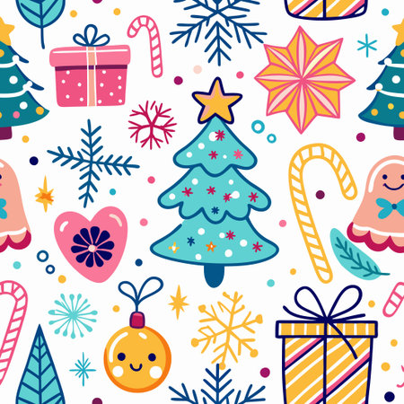 Festive Christmas seamless pattern with trees, gifts, candy canes, and snowflakes.の素材