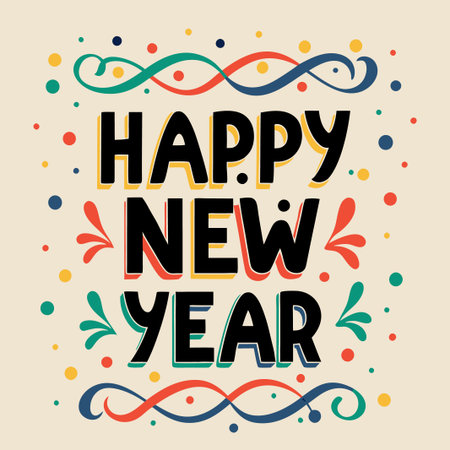 Colorful &quot;Happy New Year&quot; lettering with swirls and dots.の素材