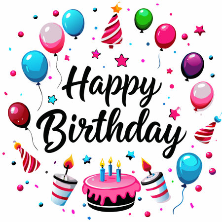 Happy Birthday colorful celebration with cake and balloons.の素材