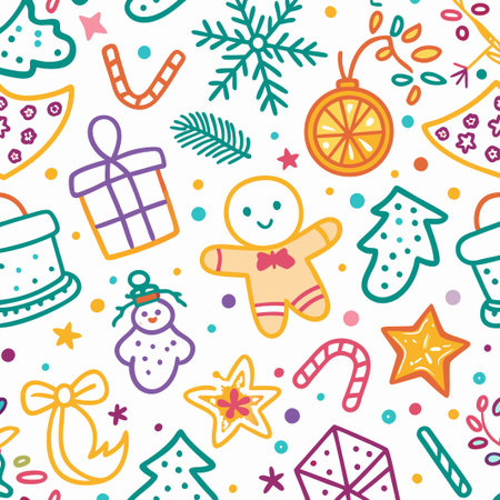 Colorful Christmas seamless pattern with gingerbread man, gifts, candy canes, and stars.の素材