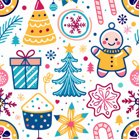 Festive Christmas seamless pattern with cute hand-drawn elements.の素材