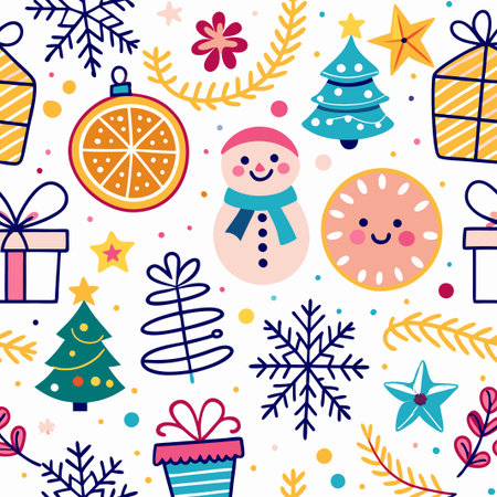 Festive Christmas seamless pattern with cute ornaments, snowman, and gifts.の素材