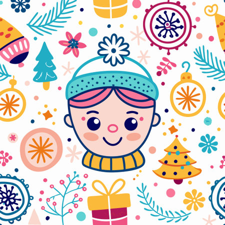 Cheerful child&#39;s face surrounded by Christmas elements seamless pattern.の素材