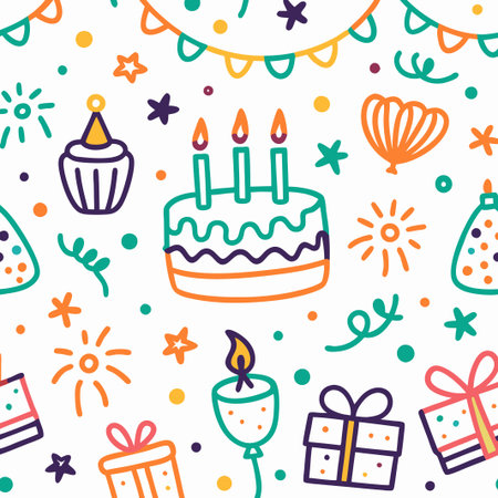 Festive birthday party seamless pattern with cake, gifts, and confetti.の素材