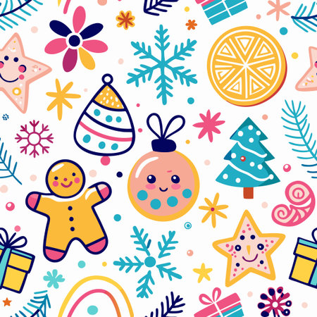 Cheerful Christmas seamless pattern with cute ornaments, snowflakes, and gingerbread men.の素材