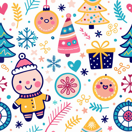 Cute Christmas seamless pattern with gingerbread man, trees, ornaments.の素材