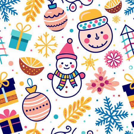 Festive Christmas seamless pattern with snowmen, ornaments, and gifts.の素材
