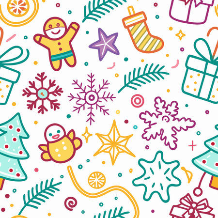 Festive Christmas seamless pattern with gingerbread men, snowflakes, stars, gifts, and candy canes.の素材