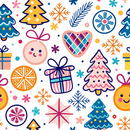 Colorful Christmas seamless pattern with trees, gifts, and ornaments.の素材