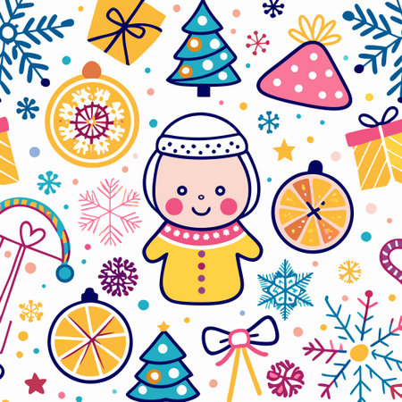 Cute Christmas seamless pattern with girl, gifts, and ornaments.の素材