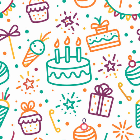Colorful doodle birthday party seamless pattern.の素材
