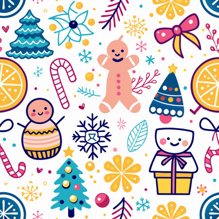 Colorful Christmas seamless pattern with cute illustrations.の素材