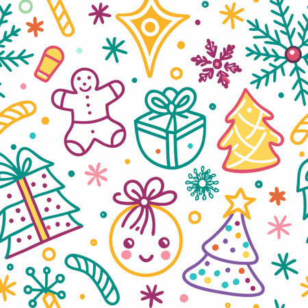 Festive Christmas seamless pattern with colorful doodle icons.の素材