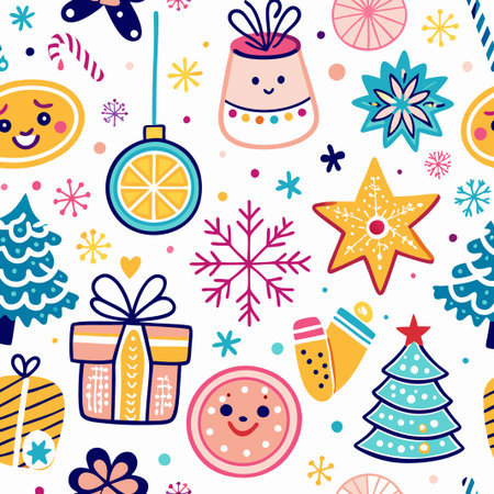Cheerful Christmas seamless pattern with hand-drawn ornaments.の素材