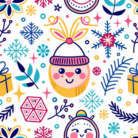 Cheerful Christmas seamless pattern with cute reindeer and winter elements.の素材