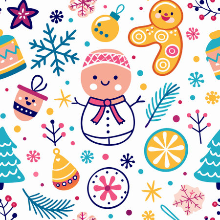 Festive winter seamless pattern with snowman, ornaments, and gingerbread.の素材