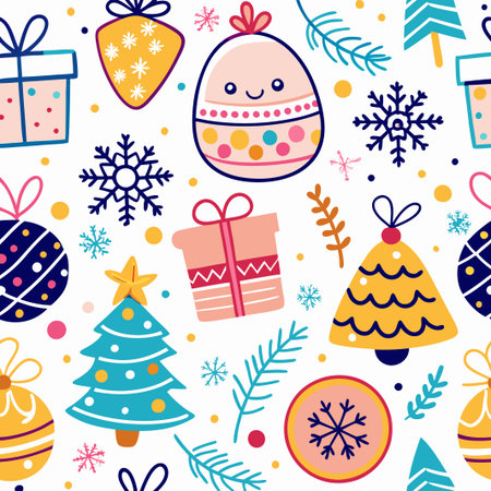 Festive Christmas seamless pattern with gifts, ornaments, and trees.の素材