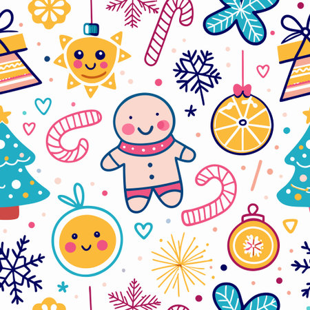 Cheerful Christmas seamless pattern with cute hand-drawn elements.の素材