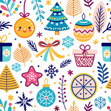Colorful Christmas pattern with ornaments, gifts, and trees.の素材