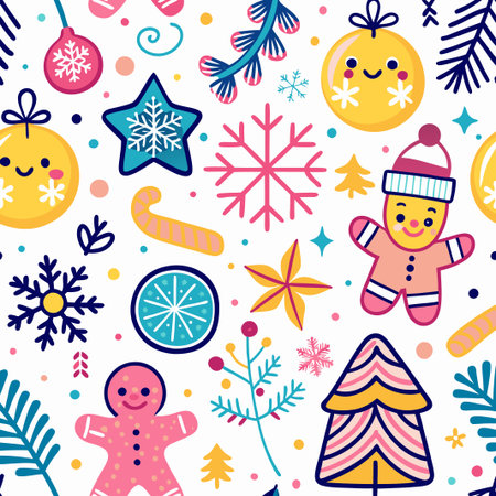 Cheerful Christmas pattern with gingerbread men, ornaments, and snowflakes.の素材