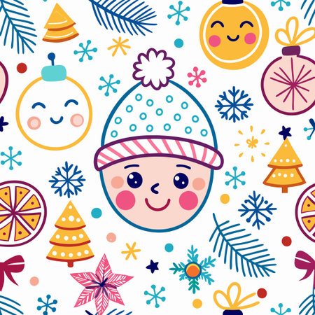 Cute seamless Christmas pattern with baby, ornaments, and snowflakes.の素材