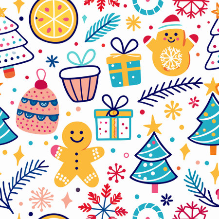 Festive Christmas seamless pattern with colorful ornaments, trees, and treats.の素材