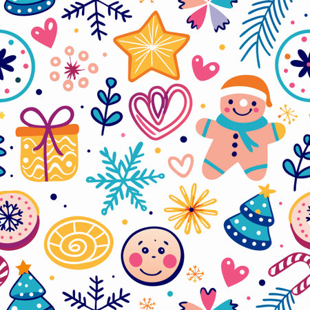 Festive winter seamless pattern with gingerbread man, gifts, and snowflakes.の素材