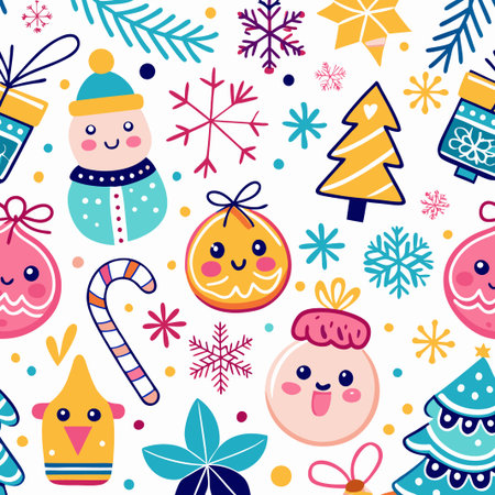 Cute Christmas seamless pattern with ornaments, snowflakes, and candy canes.の素材