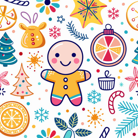 Cheerful Christmas gingerbread man surrounded by festive elements.の素材
