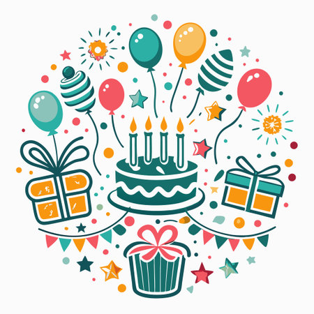 Festive birthday cake with gifts and balloons.の素材