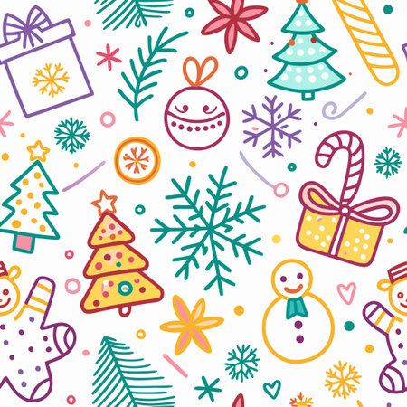 Colorful Christmas pattern with presents, trees, and snowflakes.の素材