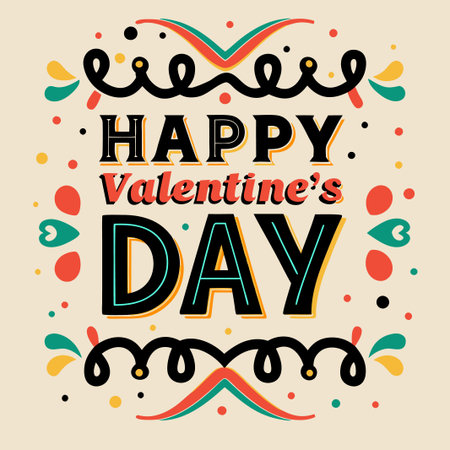 Happy Valentine&#39;s Day greeting card with colorful retro design.の素材