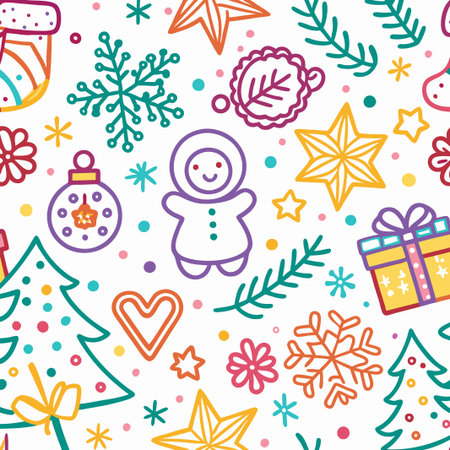 Colorful Christmas seamless pattern with hand-drawn elements.の素材