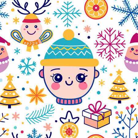 Cute winter seamless pattern with child, reindeer, snowflakes, and Christmas elements.の素材