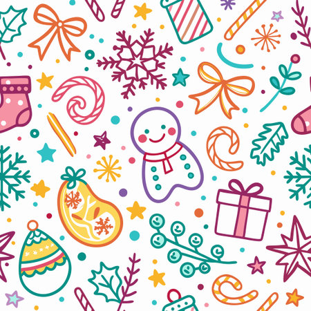 Colorful Christmas seamless pattern with doodle elements.の素材
