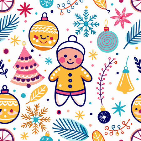 Festive Christmas seamless pattern with gingerbread man, ornaments, snowflakes, and winter plants.の素材