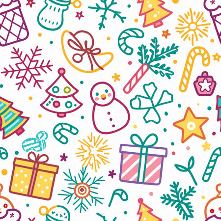 Colorful Christmas seamless pattern with festive icons.の素材