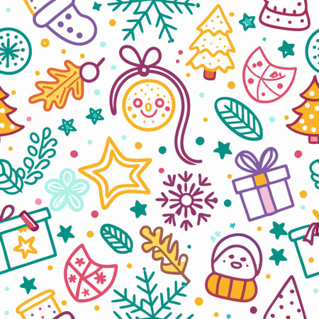 Festive winter seamless pattern with hand-drawn ornaments.の素材