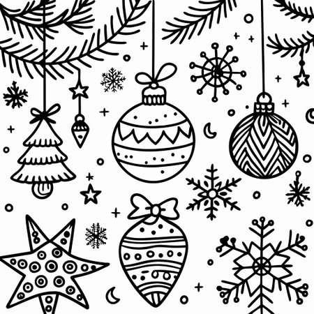 Hand-drawn Christmas ornaments, stars, snowflakes, and fir branches.の素材