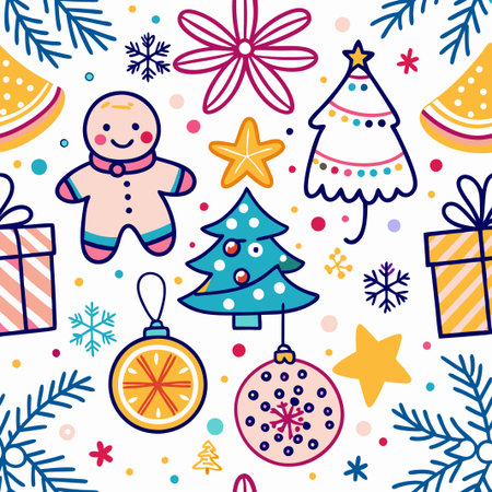 Festive Christmas seamless pattern with gingerbread man, trees, ornaments, and snowflakes.の素材