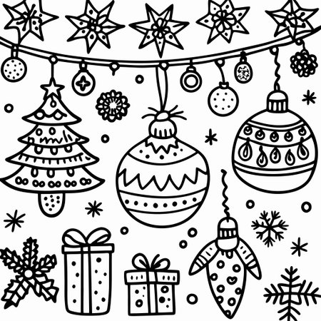 Hand-drawn Christmas ornaments, tree, gifts, and snowflakes.の素材