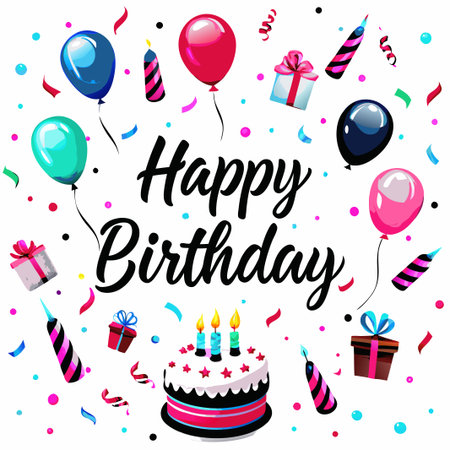 Colorful happy birthday celebration with cake, balloons, and gifts.の素材
