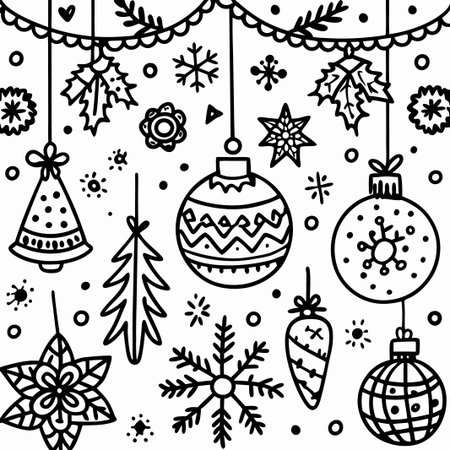 Hand-drawn black and white Christmas ornaments and decorations.の素材