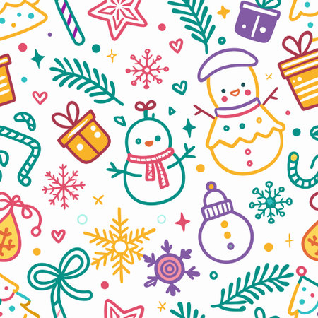 Cheerful Christmas seamless pattern with snowmen, gifts, and candy canes.の素材